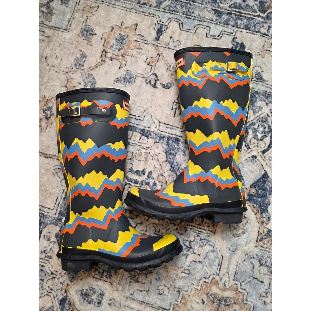 Hunter Girl 5 Boy 4 First Storm Navy Orange Yellow Geometric Striped Rain Boot